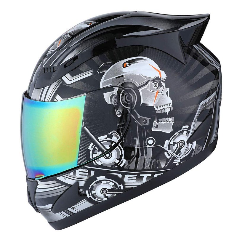 1Storm Motorcycle Bike Full FACE Helmet Mechanic Skull - Tinted Visor Black - Image 1